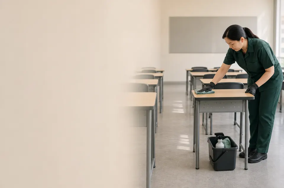 수업이 끝난 강의실에서 책상과 통로를 관리하는 청소 전문가