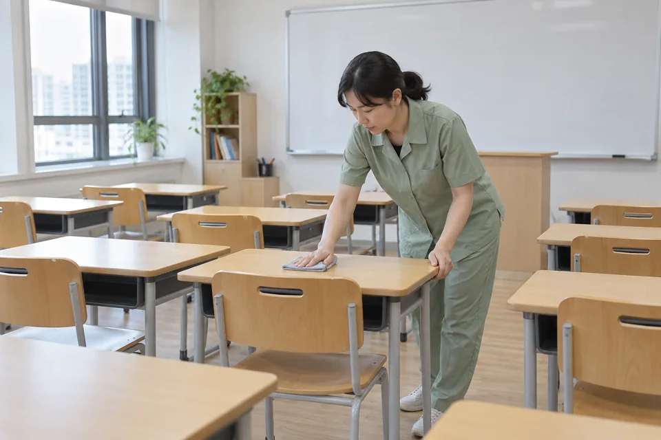 학생이 없는 강의실에서 책상 상판을 닦는 작업 · AI 설명 이미지